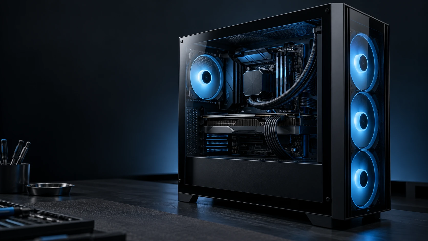 Imagem ilustrativa de um computador com gabinete de vidro e iluminação azul